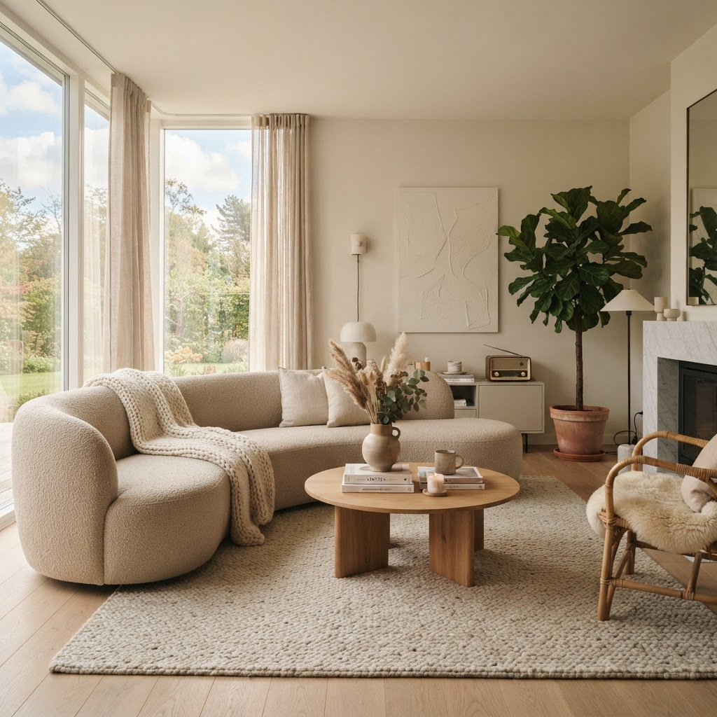 Modern living room styled with a curved beige sofa and wooden furniture