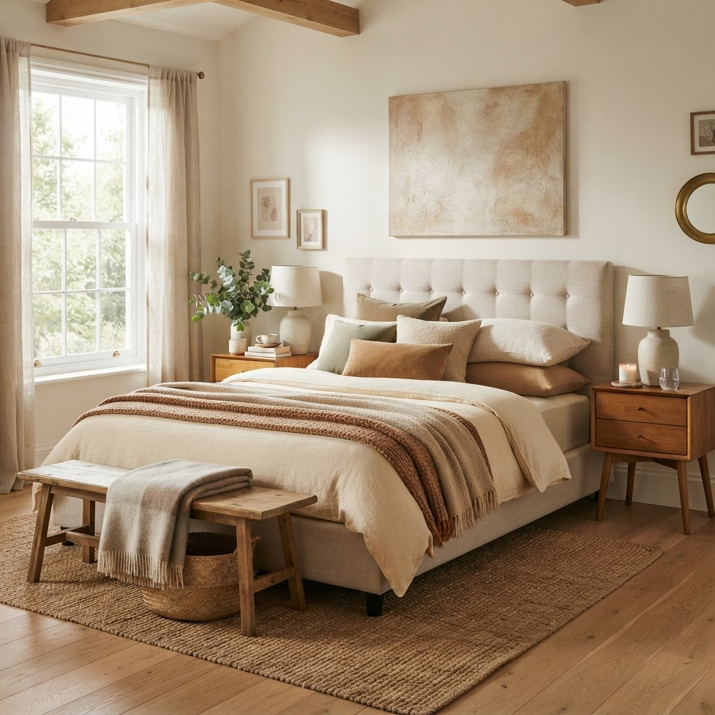 Serene bedroom with an upholstered linen bed and wooden nightstands